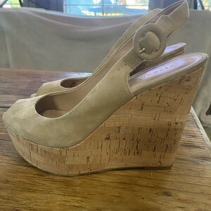 Veronica Beard Dali Peep Toe Cork Platform Wedge Sling Sandals Tan 6.5